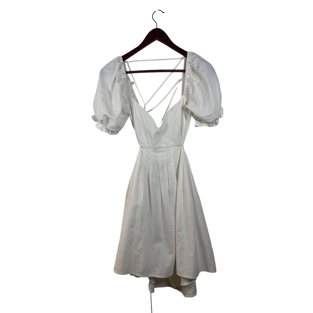 Lulus Mini Dress Womens M White Cotton‎ Linen Puff Sleeve Lace Up Back MD2965LU